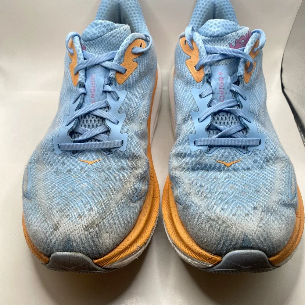 Hoka Clifton 9 Running Shoes Womens 9.5 Blue Orange Pink Mesh Athletic Sneakers